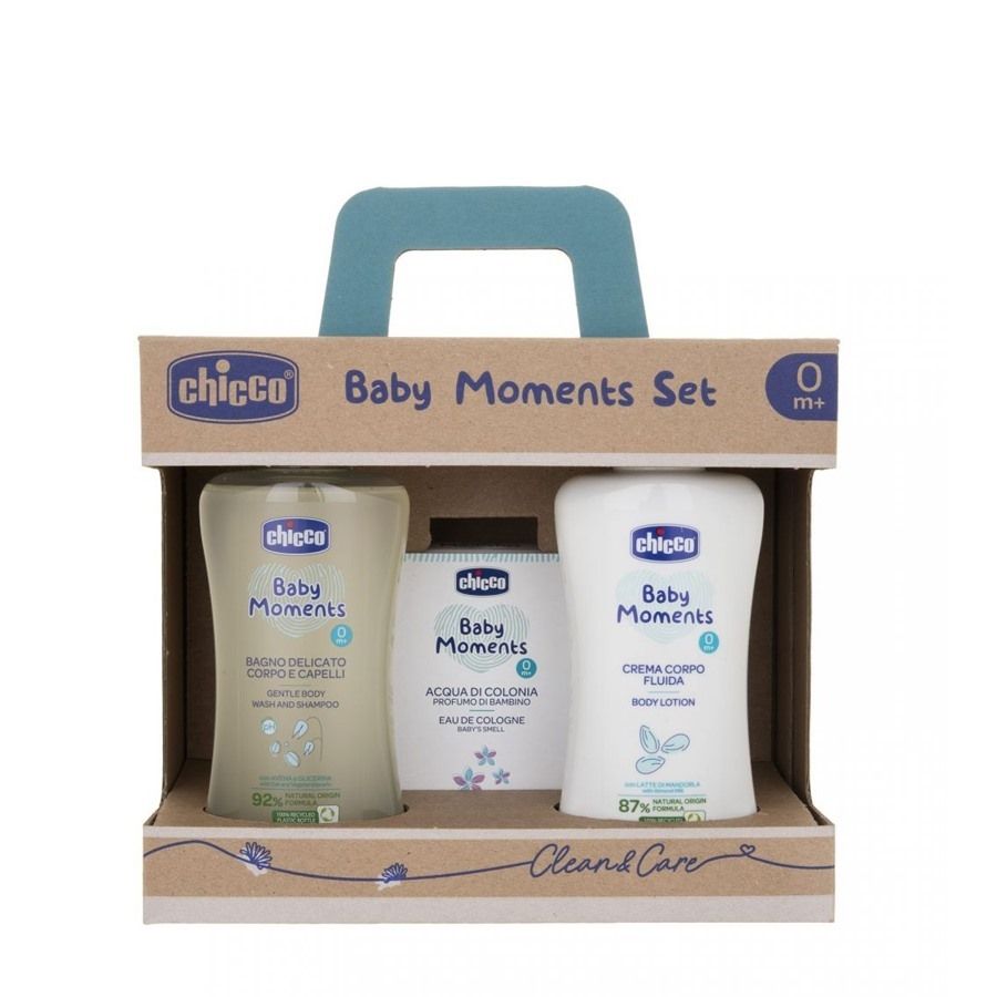 Chicco Baby Moments Set Pelli Delicate Bagno Corpo e Capelli 200ml + Crema Corpo 200ml + Acqua Di Colonia 100ml