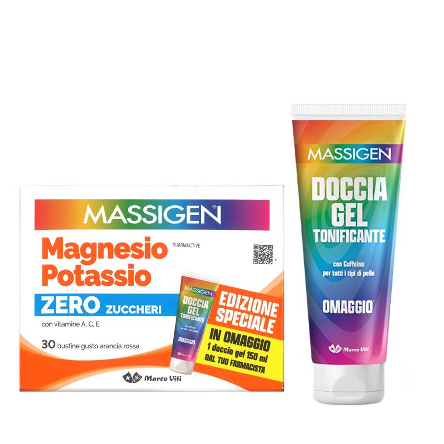 Massigen Magnesio e Potassio Zero Zuccheri 30 bustine + 1 Doccia Gel 150ml IN OMAGGIO