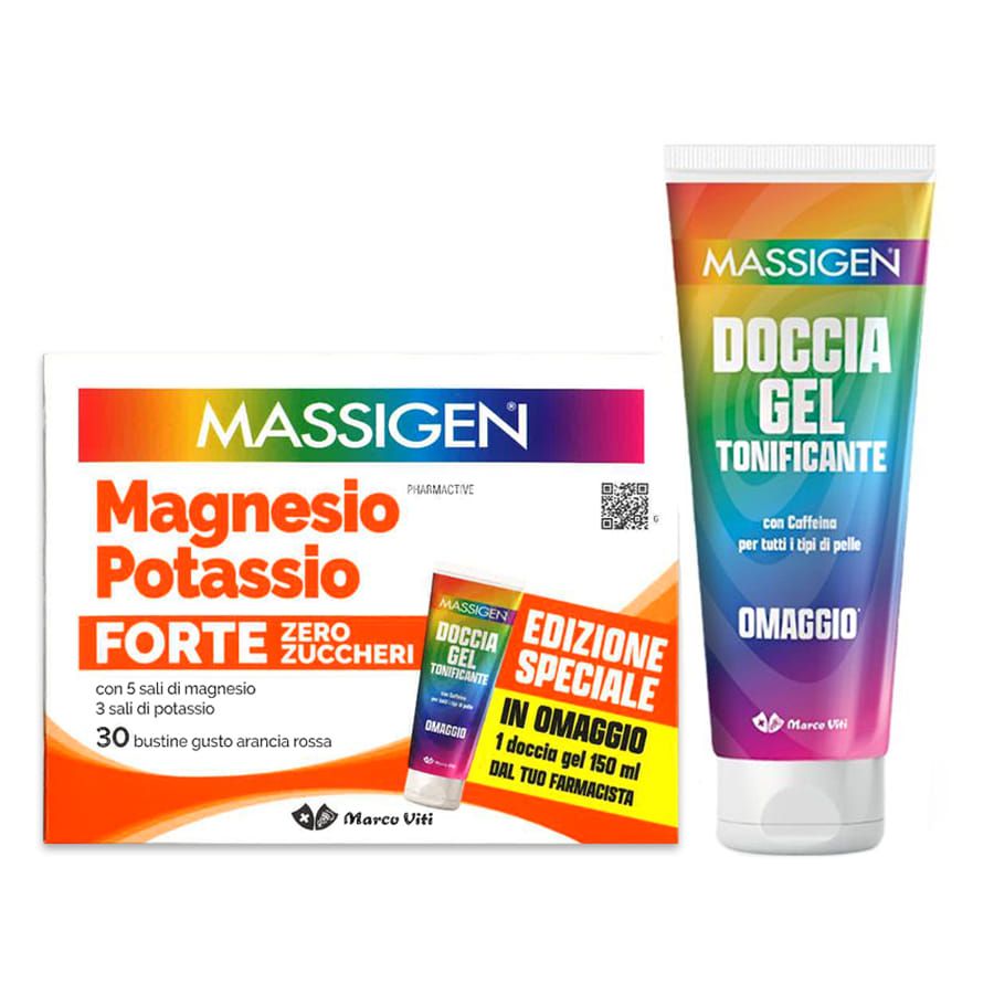 Massigen Magnesio e Potassio Forte Zero Zuccheri 30 bustine + 1 gel doccia IN OMAGGIO