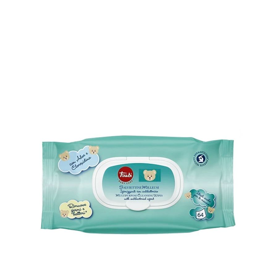 Trudi Baby care Salviettine milleusi igienizzanti con antibatterico con Aloe e Clorexidina 64 pezzi