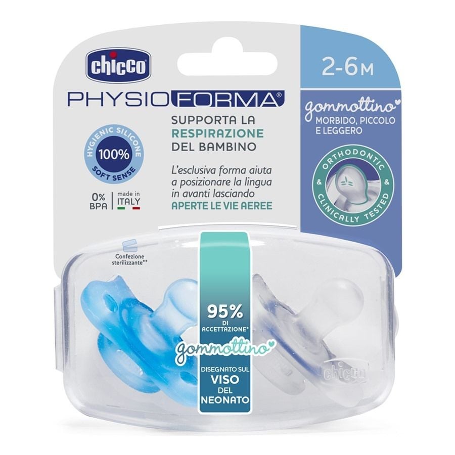 Chicco PhysioForma Gommottino Ciuccio Silicone Azzurro 2-6 Mesi Confezione 2 Pezzi - ZERO SPRECHI 