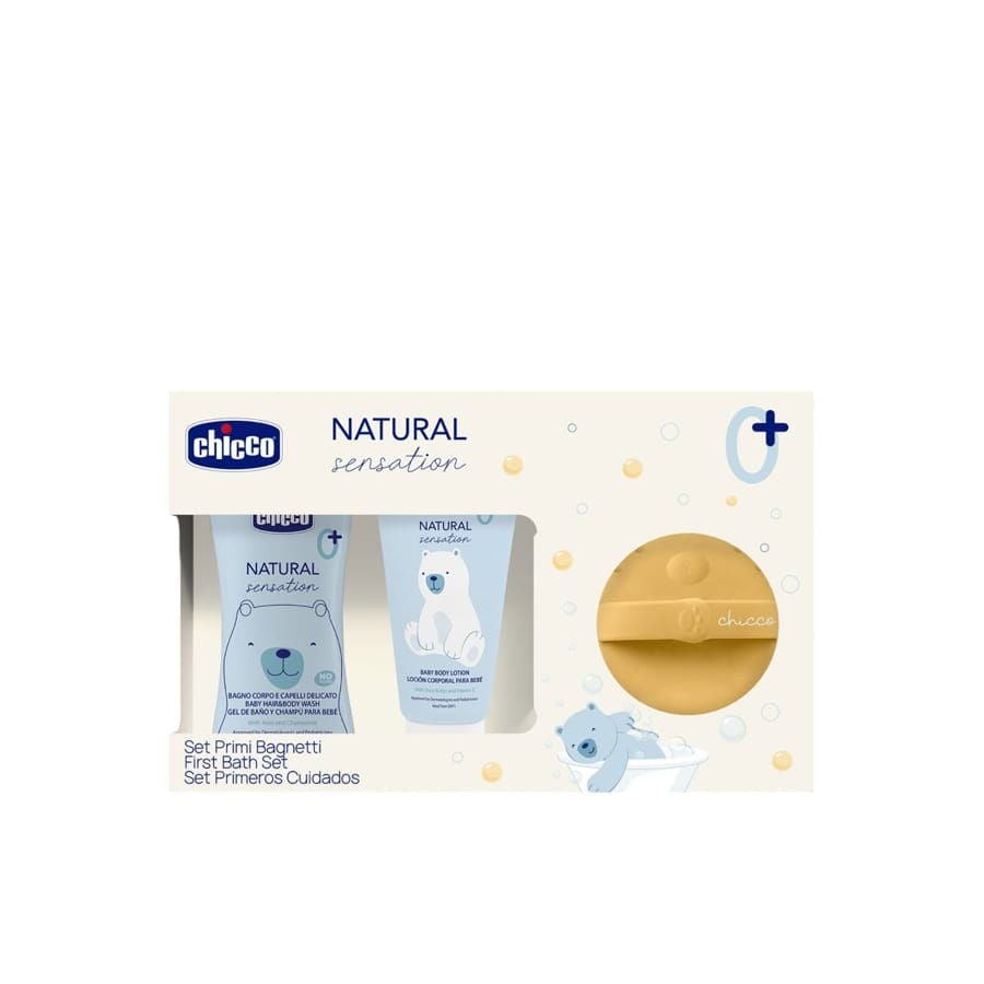 Chicco set primi bagnetti contiene: bagno corpo e capelli 200ml + crema corpo 150ml + spazzola corpo