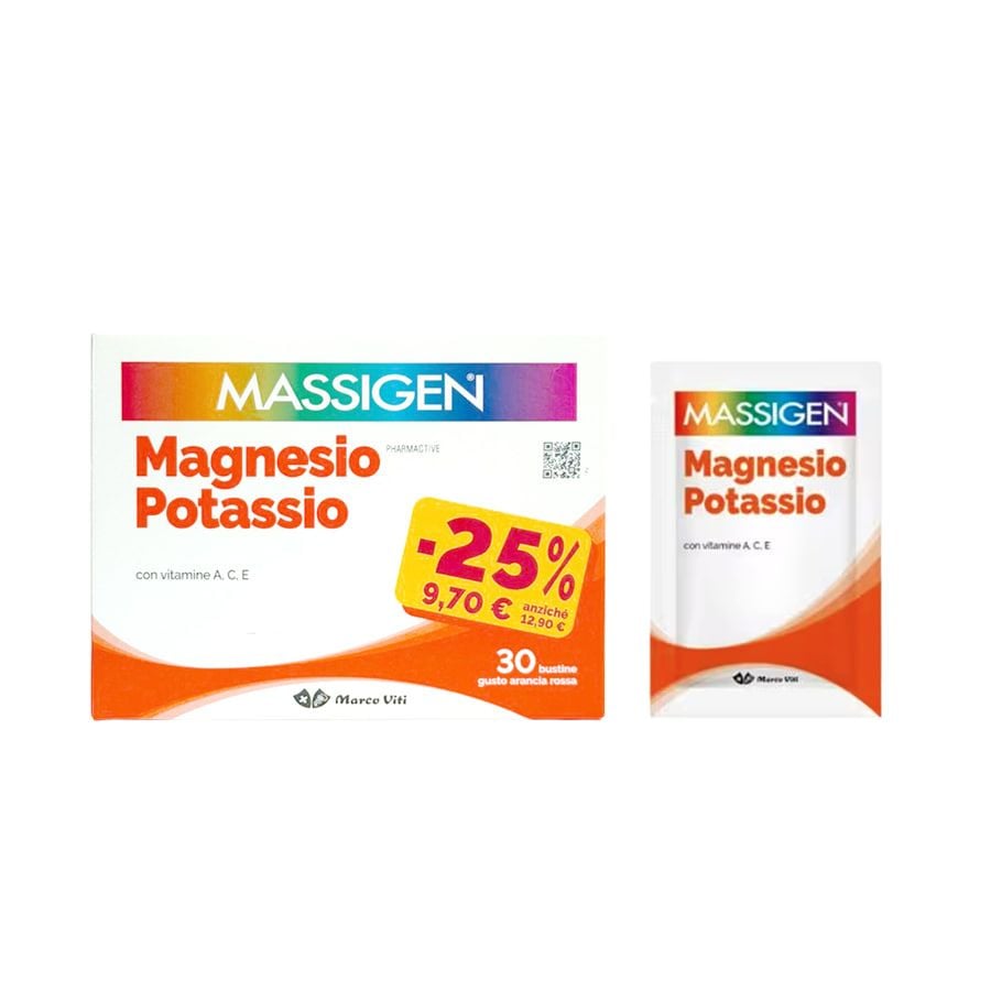 Massigen Magnesio e Potassio con Vitamina A, C, E 30 bustine Gusto Arancia Rossa