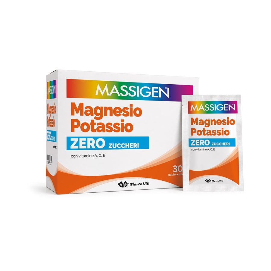 Massigen Magnesio e Potassio Zero Zuccheri 24 Bustine Gusto Arancia Rossa